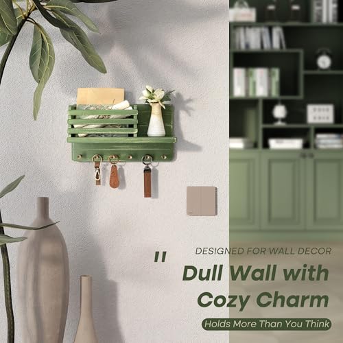 Rebee Vision Pine Wood Key Holder Wall Mount for Room Decor– 6 Hooks for Umbrella & Hats - Wooden Key Holder for Wall with Mail Slot Can Store Letters and Postcard (Green) - color: Green