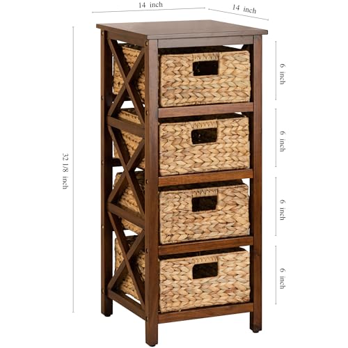 eHemco 4 Tier X-Side End Storage Cabinet with 4 Wicker Baskets, Walnut - color: Walnut, size: 14"D x 14"W x 32.1"H (4 Drawers)