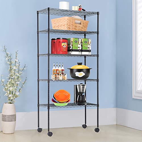 BestOffice | 5-Tier Wire Storage Shelves with Wheels | 14x30x60 | Black | Adjustable Racks | Heavy-Duty Metal Shelf, Holds Upto 220 lbs | No-Tool Assembly | Ideal for Home & Garage Shelving - color: Black, size: 14"D x 30"W x 60"H