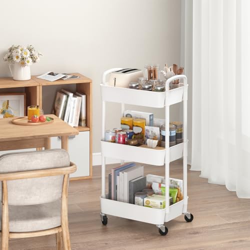 Sywhitta 3-Tier Plastic Rolling Utility Cart with Handle, Multi-Functional Storage Trolley for Office, Living Room, Kitchen, Movable Storage Organizer with Wheels, White - color: White, size: 3-tier