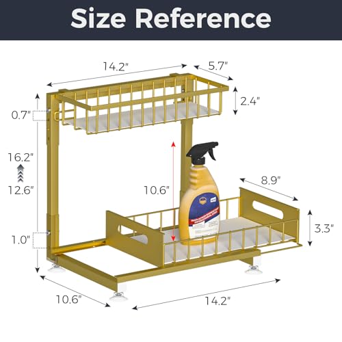 L-Shaped Under Sink Organizer, 2-Tier Pull Out Metal Kitchen Cabinet Organizer with Sliding Storage Drawer, Height Adjustable Heavy Duty Under Bathroom Sink Storage for Cleaning Supplies 1 Pack - color: Gold V2.0, size: 1 Pack