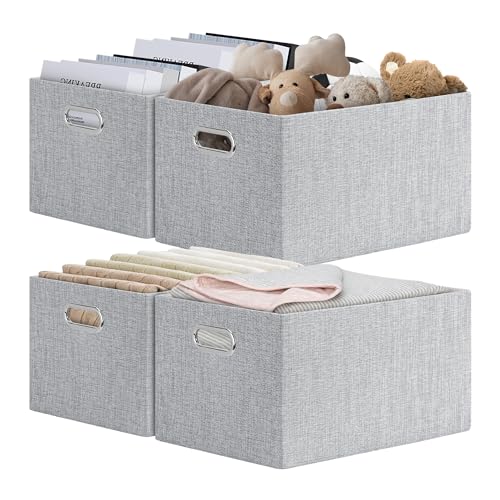 Posprica Closet Organizers and Storage, 4 Pack Large Linen Storage Bins, Decorative Shelf Storage Baskets for Organizing, Foldable Fabric Storage Box for Clothes, Toy, 15x10.5x8.25 Inch(Grey) - color: Grey, size: 15Lx10.5Wx8.25H