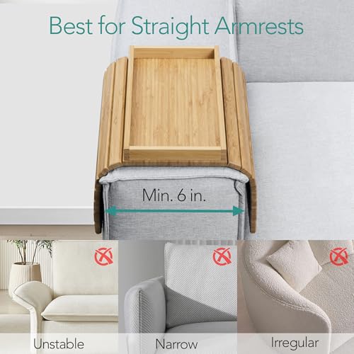 DETOR Couch Tray with Spacious 12.4" x 5.4" Storage Box, Natrual Bamboo Finish, Enhanced Non-Slip Felt Bottom, Sturdy Bamboo Slats, Fits Armrests 6" and Wider - color: Natural
