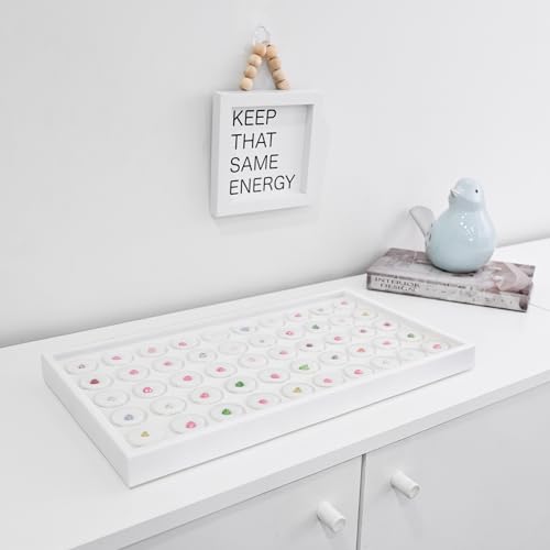 Ikee Design 50 White Foam Gem and Bead Storage Jars Showcase Stackable Display Tray Storage Box for Collectibles, Home Organization, 14.75 W x 8.25 D x 1 H in - color: White Foam/White Tray (50 Jars)