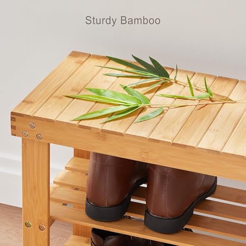 Pipishell 3 Tier Bamboo Shoe Rack Bench - Sturdy Shoe Organizer Holds up to 300lbs for Entryway, Bedroom, Living Room, Balcony - color: Bamboo