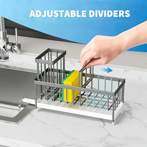 Cisily Sponge Holder for Kitchen Sink, Sink Caddy Organizer with High Brush Holder, Kitchen Countertop Organizers and Storage Essentials, Rustproof 304 Stainless Steel (Gray, 9.25″) - color: Gray