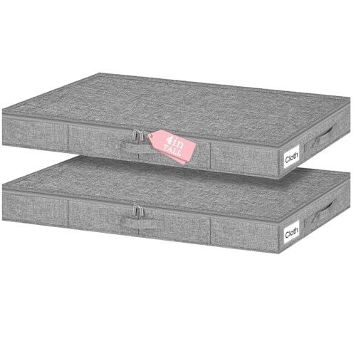 4-Inch Tall Under Bed Storage Container, Low Profile Underbed Storage Bin w/Rigid Sidewalls & Bottom, Shallow Storage Organizer with Lid for Couch, Sofa & Crib, 2-Pack, 33.5 x 16 x 4 Inch, Gray - color: Gray-rigid-2pcs, size: 4 inch