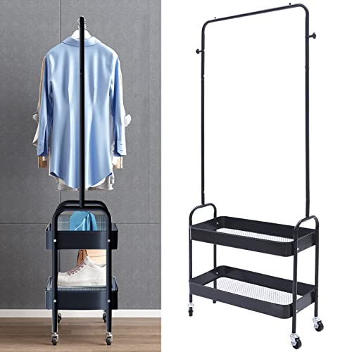 2-Tiers Clothes Rack Freestanding Clothing Garment Rack with Metal Basket Rolling Storage Clothes Shelves Portable Organizer Coat Rack for Entryway Home Bedroom Laundry Small Place (Black) - color: Black