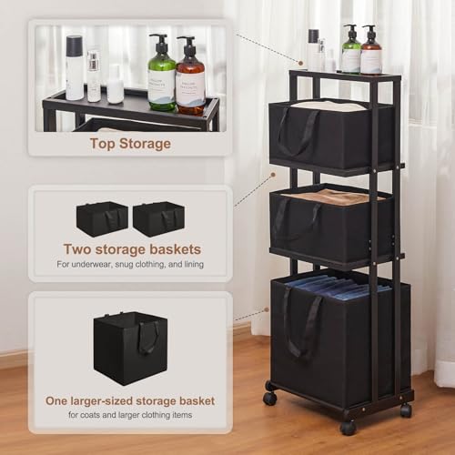 Homde Laundry Basket 3 Tier Bamboo Storage Shelf with Wheels Removable Storage Basket with Handle Freestanding Clothes Hamper Organizer for Bathroom Living Room Bedroom (Black) - color: Black