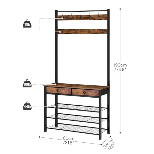 HOOBRO Hall Tree, Entryway Coat and Shoe Rack, 2 Fabric Drawers, Hall Tree with Bench, Shoe and Coat Rack, Coat Rack with Shoe Storage, 4 Tier Shoe Organizer, 9 Hooks, Rustic Brown and Black BF81MT01