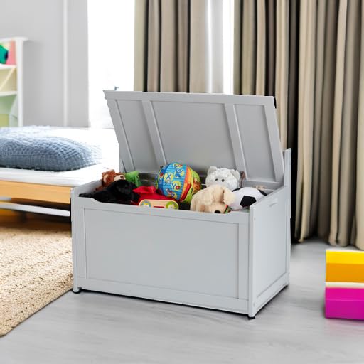 Melissa & Doug Toy Chest, Wooden Toy Storage Box with Safety-Hinged Lid, Kids Toys Storage Organizer for Playroom, Bedroom, & Montessori Classroom Furniture for Boys & Girls Ages 3+, Gray - color: Grey
