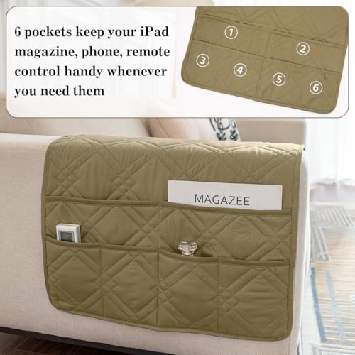 Couch Armrest Organizer Remote Control Holder Bedside Caddy with 6 Pockets, Non-Slip Armchair Caddy Sofa Armrest Organizer for Tv Remote Control, Magazine, Cell Phone, Dark Khaki