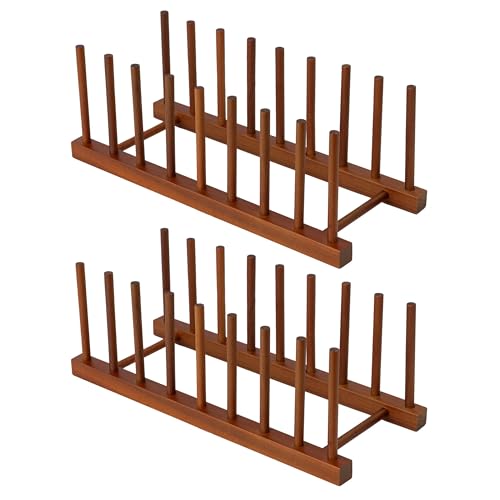 HBlife 2pcs Teak Dish Drying Rack Plates Holder Stand Kitchen Storage Cabinet Organizer for Dish/Plate/Bowl/Cup/Pot Lid/Cutting Board (8 Slots) - color: Teak 8 Slots 2pcs