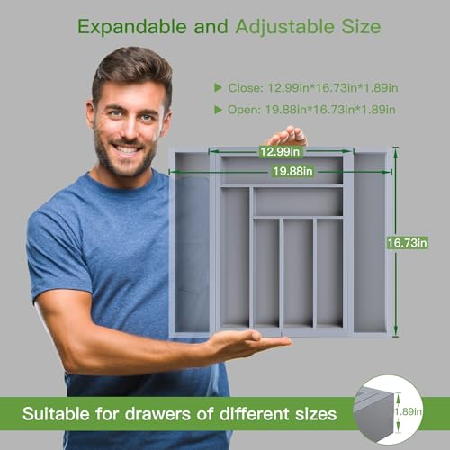 Pipishell Bamboo Expandable Drawer Organizer for Utensils Holder, Adjustable Cutlery Tray, Wood Drawer Dividers Organizer for Silverware, Flatware, Knives in Kitchen, Bedroom, Living Room(Grey) - color: Grey, size: Large