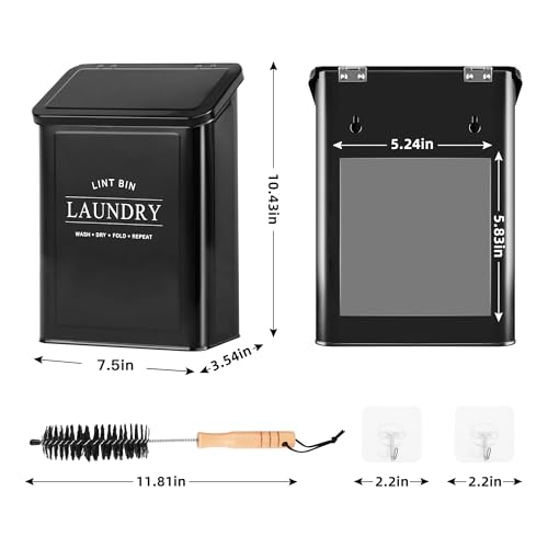 Magnetic Lint Bin for Laundry Room, Metal Lint Trash Can with Lid and Brush, Wall Mounted Lint Box for Dryer, Farmhouse Laundry Room Decor, Black - color: Black, size: Pattern 2