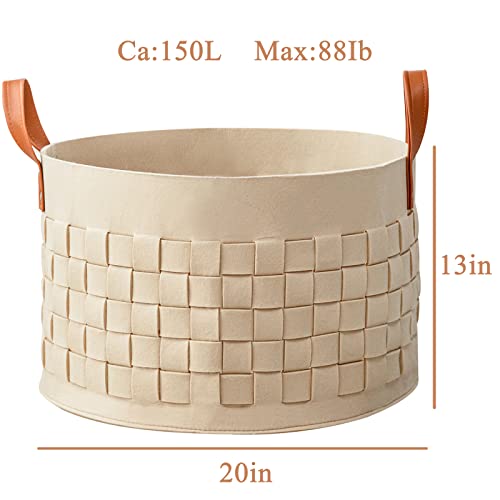 Blanket Basket, BOLDMONKEY 20"x 20"x13" XXLarge Woven Felt Laundry Baskets with Handle Nursery Storage Living Room Round for Toy, Clothes, Kids, Bedroom(Khaki) - color: Khaki