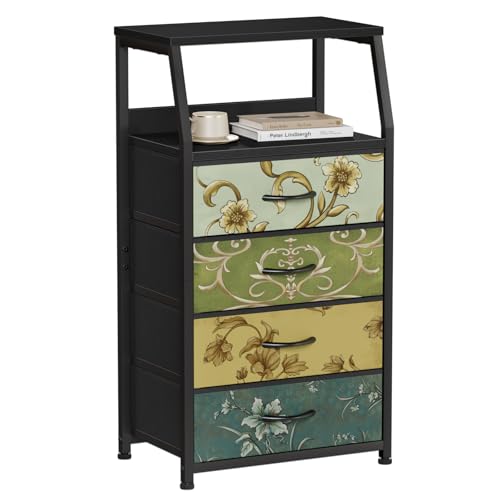 Furnulem Retro Dresser for Bedroom, Small Dresser for Closet, Vintage Nightstand with 4 Drawers, Fabric Storage Organizer Bedside Table Side Furniture, Metal Frame, Wood Top - color: Vintage Floral, style: 4 Drawers