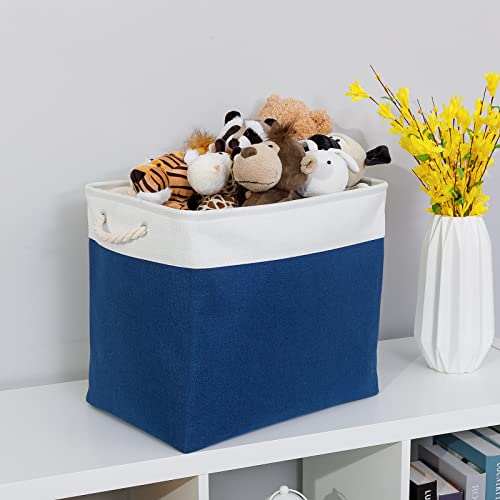 Bidtakay Large Canvas Organization Bins Set of 2 Navy Blue Rectangular Baskets 17x12x15 in for Blankets, Clothes, Towels, Dog Toys Storage - color: White&Blue, size: 2 Pack-XL-17x12x15 In