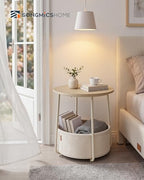 SONGMICS HOME Small Side Table, Round End Table, 2 Tier Nightstand with Basket, U Shaped Steel Legs, Easy Assembly, for Living Room, Bedroom, Beige and White - color: Beige + White, size: 1 pack