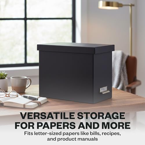Bigso John Fiberboard Label Frame Desktop File Storage Box - Document Organizer for Important Paperwork - Durable Hanging File Box with a Lid & Metal Label Window - 7.36 x 13.38 x 10.51 in - Dark Grey - color: Dark Grey