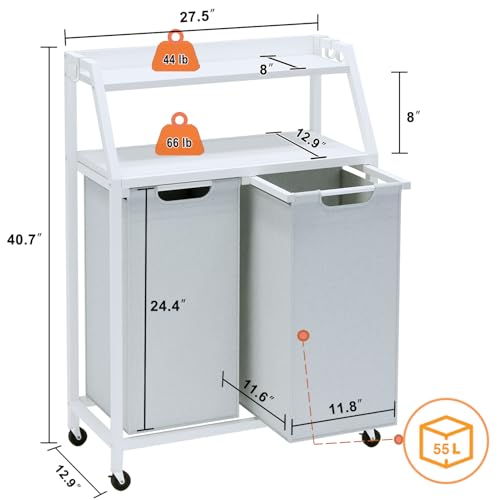 Timberer Laundry Hamper, Laundry Sorter 2 Section, Rolling Laundry Basket with Wheels, 2 Shelves, 2 × 14.5 Gal, Pull-Out and Removable Oxford Fabric Bags, for Laundry Room, White and Grey - color: White + Grey, size: 2 Bags (27.5"L x 12.9"W x 40.7"H)