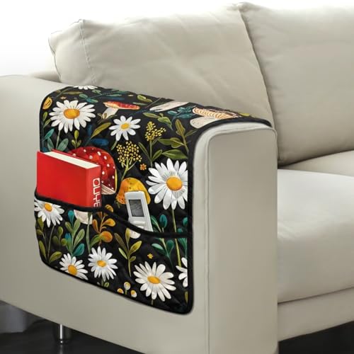 Mushroom Daisy Leaf Print Couch Arm Covers with 2 Pocket Storage Stain Resistant Sofa Armset Organizer for Magazine, Tablet, Phone Waterproof Sofa Chair Armrest Protector - color: Mushroom Daisy Leaf