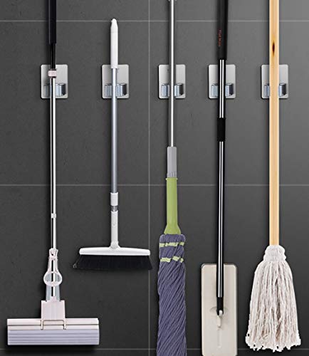 Broom Holder Wall Mount, 4 Pack Gray Stainless Steel Mop and Broom Organizer, Heavy Duty 15 Lbs Self Adhesive Tool Hanger, No Drill Broom Hooks for Garage, Kitchen, Bathroom Organization - color: Gray (4 Pack)