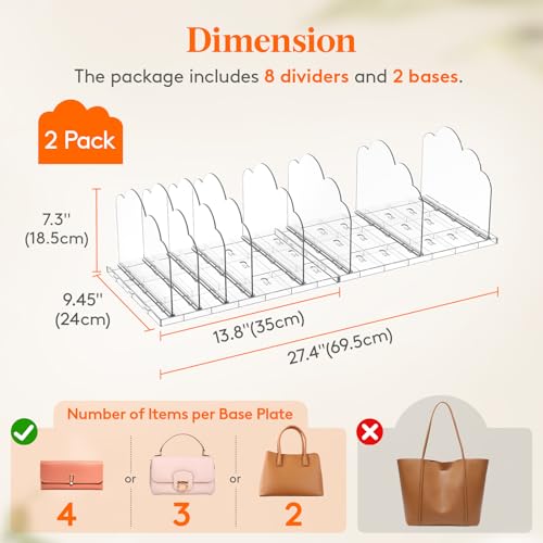 Lifewit Purse Organizer for Closet, Clear Handbags Storage Organizer, Adjustable Clutch Purse Storage Organizer Holder for Closet, 2 Pack Bookshelf Dividers for Sweater in Bedroom 35 x 24 cm/14 × 9.5" - size: 7.3"H