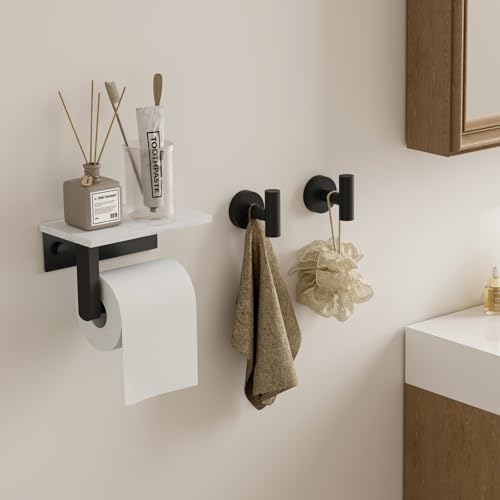 BWE Matte Black Toilet Paper Holder with Marble Shelf, Toilet Paper Roll Holder Wall Mounted, Toilet Paper Roll Holder with Phone Shelf 304 Stainless Steel Tissue Holder for Bathroom Washroom - color: Black