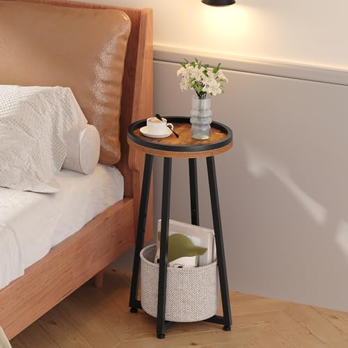 HOOBRO Small Round Side Table, 2-Tier Round Sofa End Table, Compact Nightstand with Cotton Linen Storage Basket, for Small Space, Living Room, Bedroom, Dorm, Rustic Brown BF183BZ01 - color: Rustic Brown