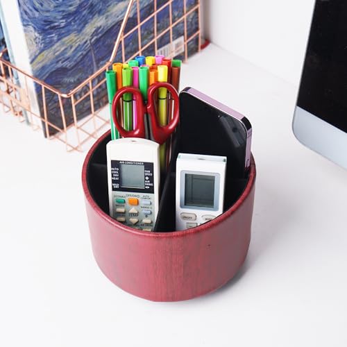 Round Leather Art Supply Organizer,Remote Control Holder,360 Degree Spinning,Multi-Functional Pencil Holder,4 Compartments Desktop Stationary Organizer(1-Thin Wood Red Brown) - color: 1-Thin Wood Red Brown