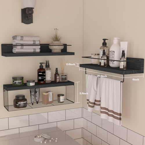 PopiShelves 22.5 inches Bathroom Shelves Over Toilet for Wall, Floating Shelves with Storage Basket Paper Holer for Kitchen Living Room, Bedroom & Classroom, Set of 3 (Black) - color: Black, size: 22.5"