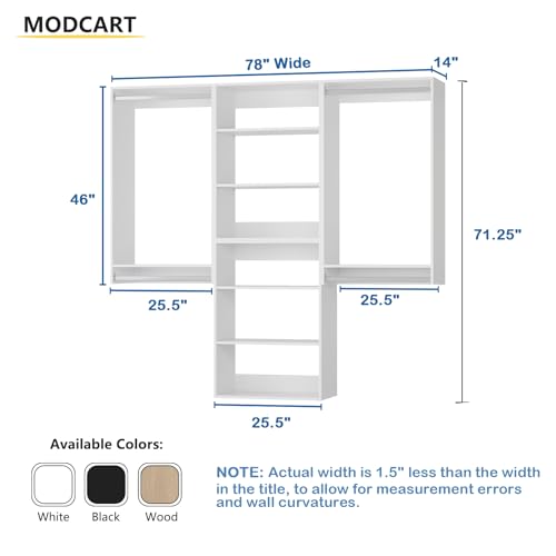 Modular Closet System, 78" Wide Closet Organizer System with Hanging and Towers, Wood Tower Closet Storage for Walk In Closets, Wall Mounted Wardrobe Organizer Kit System, Bedroom, White - color: White, size: 78" Wide, style: Double Hanging*2 + Shelf Towe