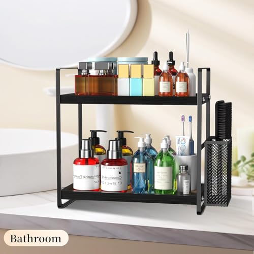 LEMIKKLE Bathroom Organizer Countertop, Counter Organizer for Bathroom Decor, Wooden Sink Shelf for Vanity Storage, Makeup Tray for Perfume Skincare Bedroom Kitchen Corner (Black) - color: Black