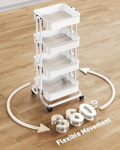 Pipishell 4 Tier Metal Rolling Utility Cart, Heavy-Duty Storage Rolling Cart with 2 Lockable Wheels, Multifunctional Mesh Organization Utility Cart for Kitchen Dining Room Living Room, PIUC13W - color: White, size: 4 Tier