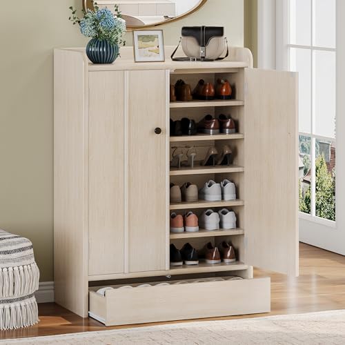 iPormis 6-Tier Shoe Cabinet with Drawer, 47” Tall Large Shoe Storage Cabinet with Doors & Adjustable Shelves, Freestanding Wooden Shoe Rack Organizer Cabinet for Entryway Hallway, Natural - color: Natural
