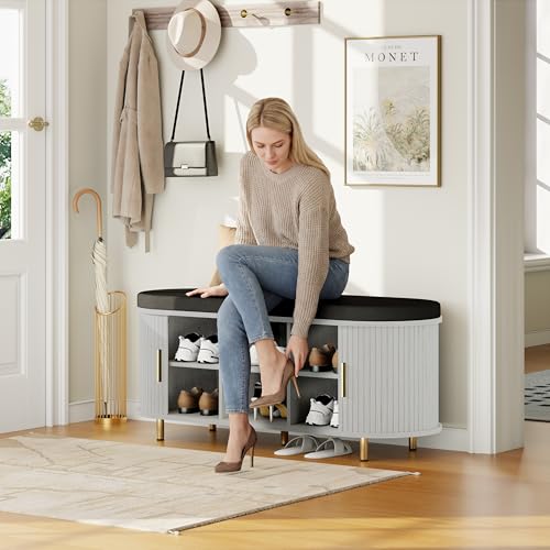 DHH 2-Tier Storage Bench,Wide Shoe Bench with Thickened Padded Seat Cushion, Mid Century Modern Fluted Sliding Door and Adjustable Shelf, for Entryway, Living Room, Bedroom (Grayish White, 43.3“) - color: Grayish White, size: 43.3 inch