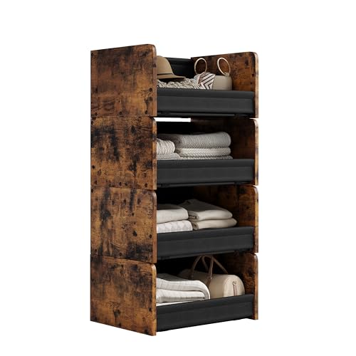 FOUCSSOMEI Closet Organizer and Storage, 4 Tier Stackable Storage Organizer, Wooden & Metal Closet Shelves, Modular Clothes Organizer, Storage Shelf, Bedroom & Closet Organization, Patent Design - color: Rustic Brown, size: 4-Tier