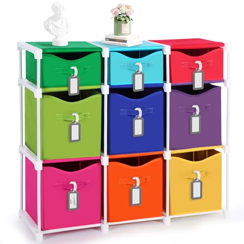 9 Cube Storage Organizer Shelf with Storage Bins and Label, 11 Inch Toy Cube Bins Clothes Closet Organizers Drawers Fabric Dresser for Living Room, Bedroom, Playroom, Dorm(Bright) - color: Bright
