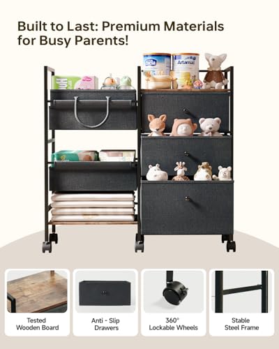 2-in-1 Baby Diaper Caddy Organizer and Storage-3 Tier Rolling Baby Cart with Dividers and Drawers, Baby Essentials for Nursery Storage, Mobile Utility Cart with Wheels Large Capacity Easy To Assemble