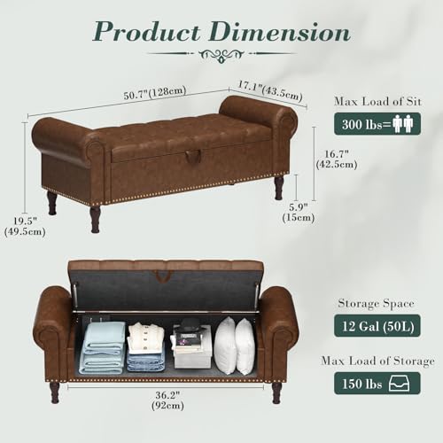 Apicizon 51” Bench with Storage, Upholstered Tufted Button Bedroom Bench with Storage, Faux Leather Ottoman Bench for Bedroom, Living Room, Entryway, Yellow Brown - color: Brown, size: 51 Inches