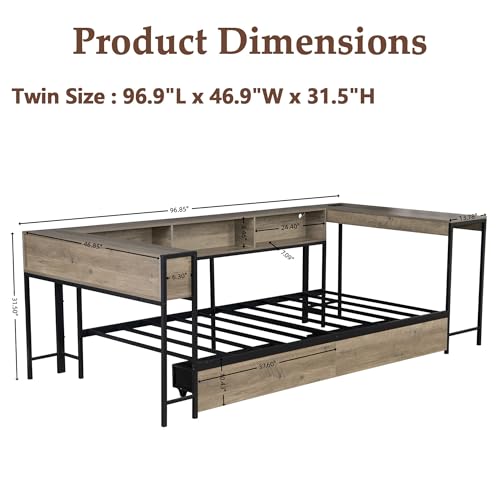 HRVEOCEI Corner Bed Frame Twin with Storage Bookshelf & Desk, U-Shaped Daybed Frame with 2 Drawers, Metal Corner Beds with Charging Station & LED Lights for Bedroom, Flip Left or Right (Grey, Twin) - color: Grey, size: Twin