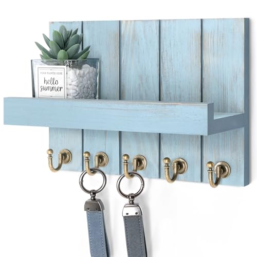 Rebee Vision Decorative Key Holder for Wall - Farmhouse Mail Organizer and Key Hanger Wall Mount for Floating Shelf with Hooks - Mid Century Home Decor Aesthetic (Distressed Blue,10-inch) - color: Distressed Blue, size: 10 Inch