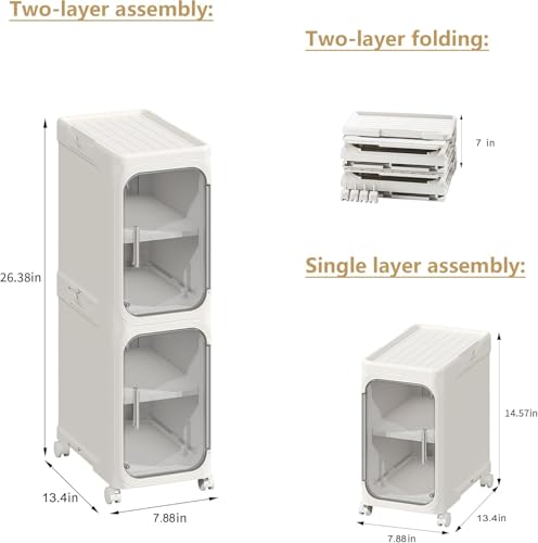 2-Tier Tall Narrow Storage Cabinet, Slim Bathroom Storage Cabinet with Adjustable Shelves and Wheels, Narrow Organizer for Small Space, Bathroom, Kitchen, Laundry, White - color: White, size: 2-Tier