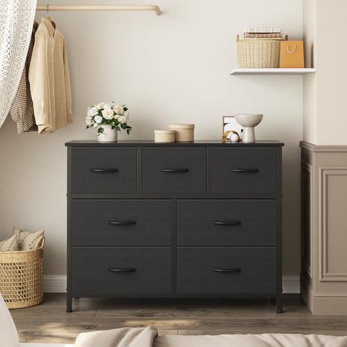 OLIXIS Dresser for Bedroom, 7 Storage Drawers, Wide Fabric Closet Chests Organizer Tower Furniture, TV Stand with Wooden Top Metal Frame for Clothes, Living Room, Hallway, Entryway, Black - color: Black, size: 11.8"D x 39.4"W x 30"H (7 Drawers)