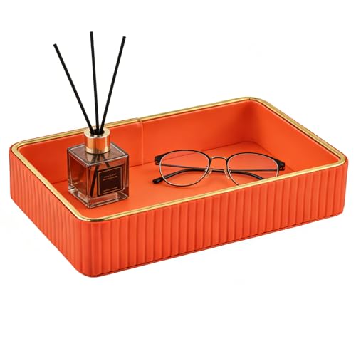 PU Leather Valet Tray,Desk Organizer Tray Nightstand Organizer Trinket Dish Storage Key Bowl Decorative Trays for Phone Wallet Jewelry Watch Bathroom Bedroom Perfume Vanity Trays,Orange - color: Orange