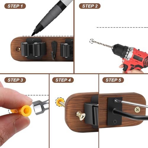 Broom Holder Wall Mount With Vacuum Cleaner Holder,Wood Broom Hangers For Wall，Broom And Mop Organizer Wall Hanging For Laundry Room ，Broom Organizer Wall Mount For Home Garage Kitchen (Black)