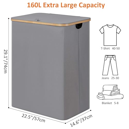 efluky Laundry Hamper with Lid, Trio Laundry Hamper with 3 Removable Bags, 3 Section Laundry Basket with Bamboo Handles for Bathroom, Bedroom & Laundry Room, 160L Silver Grey - color: Silver Grey, size: 160L Trio