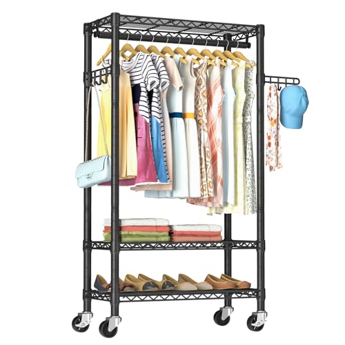 Heavy Duty Clothes Rack Rolling Garment Rack,3 Tier Adjustable Wire Shelving Clothing Racks for Hanging Clothes with Hanger Rod&Side Hooks,Freestanding Wardrobe Storage Rack Metal Portable Closet - color: Black3, size: 15.75"D x 23.5"W x 72.45"H