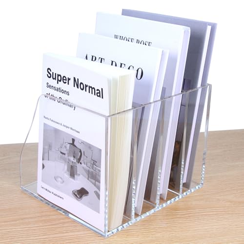 Acrylic Magazine File Holder, 4 Vertical Compartments Desk Document Sorter Organizer, Clear Folder Rack Binder for Office/Home/Classroom, for Documents, Tablet, Magazines, Books & Accessories - size: B5, 4 Sections